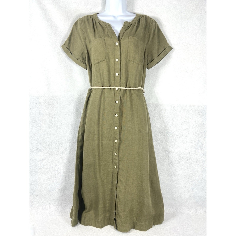 Talbots Shirt Dress Women's Petite 12P Green Short Sleeve 100% Linen New